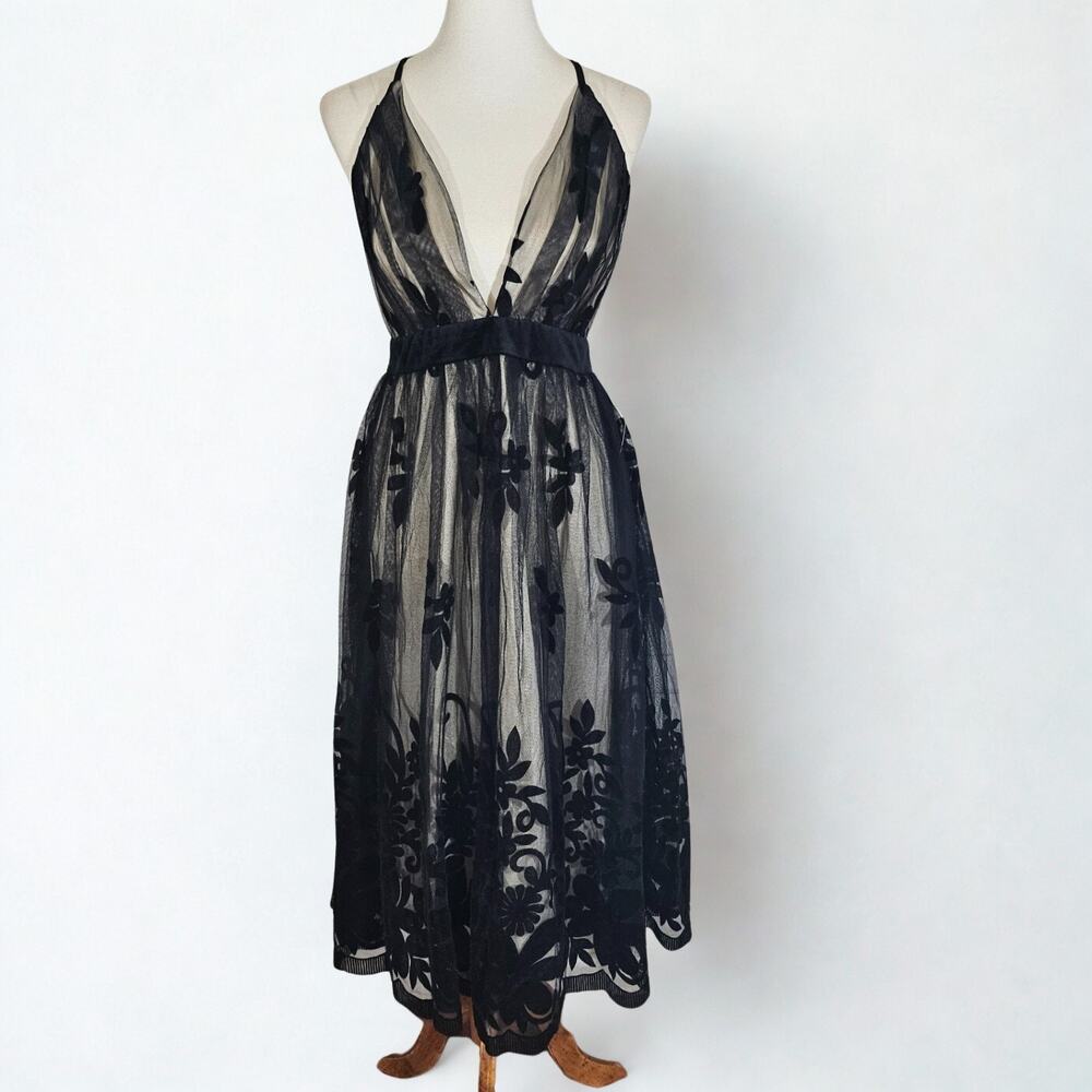 Venus Black and Nude Tulle Midi Dress - Picture 2 of 8
